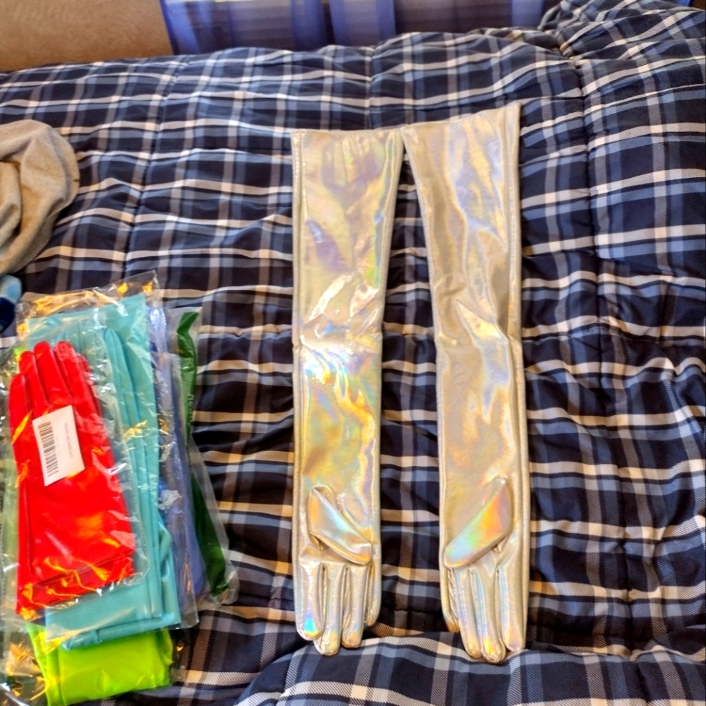 A pair of silver metallic gloves